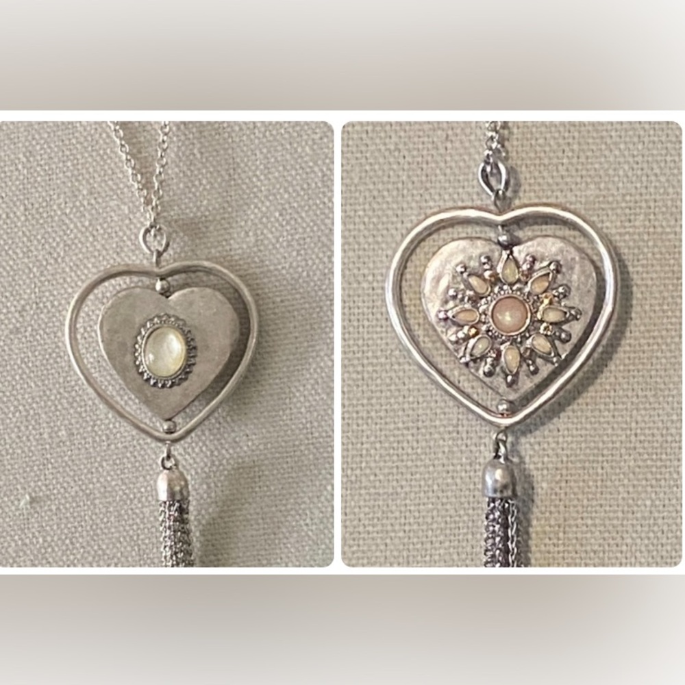 Lucky Brand Silver Tone Crystal & Imitation Pearl Reversible Heart Necklace